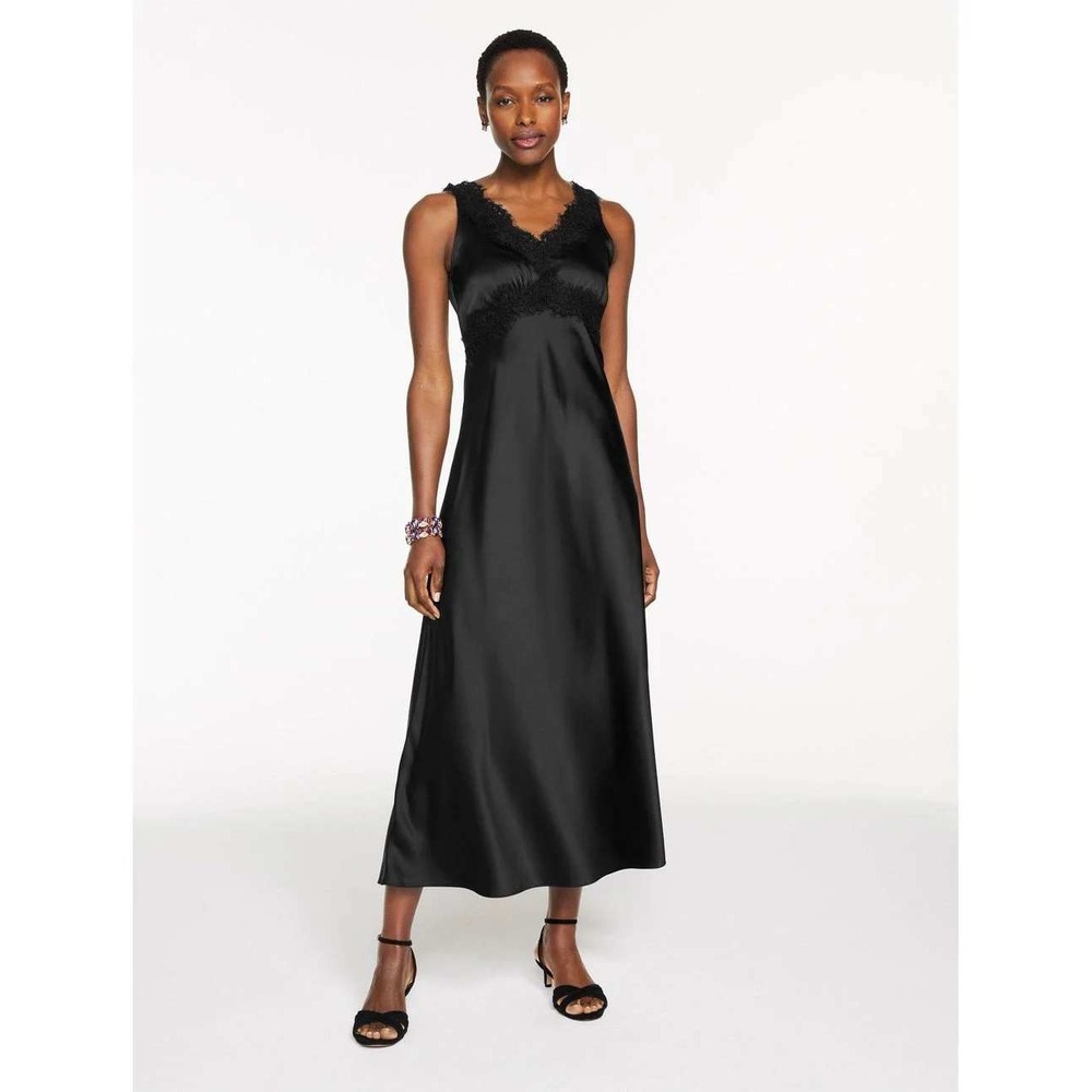 Talbots Lace Trim Satin Slip Midi Dress Sz 2 Sleeveless V-Neck Cocktail Black